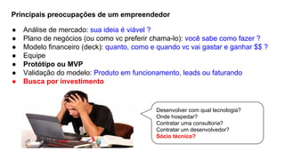 Principais preocupações de um empreendedor
●
●
●
●
●
●
●

Análise de mercado: sua ideia é viável ?
Plano de negócios (ou como vc preferir chama-lo): você sabe como fazer ?
Modelo financeiro (deck): quanto, como e quando vc vai gastar e ganhar $$ ?
Equipe
Protótipo ou MVP
Validação do modelo: Produto em funcionamento, leads ou faturando
Busca por investimento

Desenvolver com qual tecnologia?
Onde hospedar?
Contratar uma consultoria?
Contratar um desenvolvedor?
Sócio técnico?

 