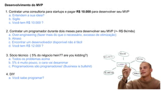 Desenvolvimento do MVP
1. Contratar uma consultoria para startups e pagar R$ 10.000 para desenvolver seu MVP
a. Entendem a sua ideia?
b. Sigilo
c. Você tem R$ 10.000 ?
2. Contratar um programador durante dois meses para desenvolver seu MVP (+- R$ 6k/mês)
a. Over-engineering (fazer mais do que o necessário, excesso de otimização)
b. Atraso
c. Encontrar um desenvolvedor disponível não é fácil
d. Você tem R$ 12.000 ?
3. Sócio técnico ( 5% do négocio hein?? are you kidding?)
a. Todos os problemas acima
b. 5% é muito pouco, o cara vai desanimar
c. Programadores são programadores! (Business is bullshit)
4. DIY
a. Você sabe programar?

 