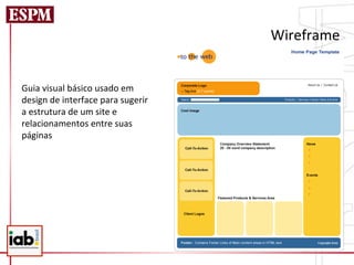 Wireframe	
  


Guia	
  visual	
  básico	
  usado	
  em	
  
design	
  de	
  interface	
  para	
  sugerir	
  
a	
  estrutura	
  de	
  um	
  site	
  e	
  
relacionamentos	
  entre	
  suas	
  
páginas	
  
 