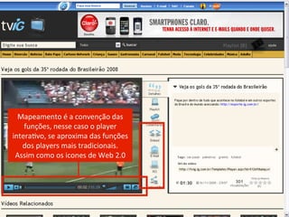 Curso Avançado




  Mapeamento	
  é	
  a	
  convenção	
  das	
  
    funções,	
  nesse	
  caso	
  o	
  player	
  
intera=vo,	
  se	
  aproxima	
  das	
  funções	
  
   dos	
  players	
  mais	
  tradicionais.	
  
 Assim	
  como	
  os	
  icones	
  de	
  Web	
  2.0	
  
 
