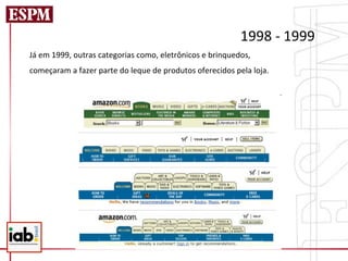 1998	
  -­‐	
  1999	
  	
  
Já	
  em	
  1999,	
  outras	
  categorias	
  como,	
  eletrônicos	
  e	
  brinquedos,	
  	
  
começaram	
  a	
  fazer	
  parte	
  do	
  leque	
  de	
  produtos	
  oferecidos	
  pela	
  loja.	
  
 