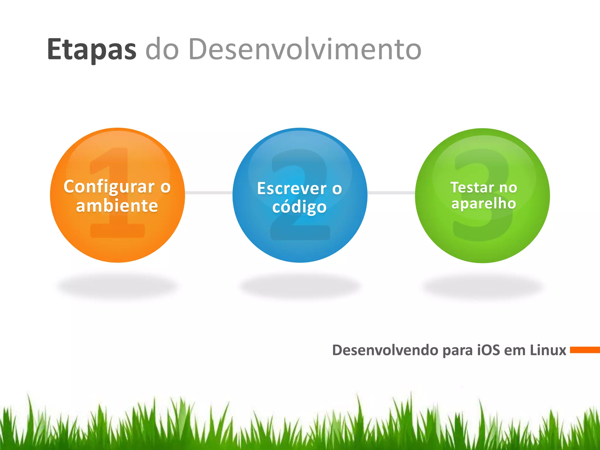 Etapas do Desenvolvimento


 Configurar o   Escrever o             Testar no
  ambiente        código               aparelho




                        Desenvolvendo para iOS em Linux
 