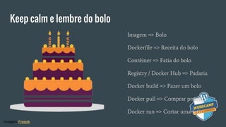 Keep calm e lembre do bolo
Imagem => Bolo
Dockerfile => Receita do bolo
Contêiner => Fatia do bolo
Registry / Docker Hub => Padaria
Docker build => Fazer um bolo
Docker pull => Comprar pronto
Docker run => Cortar uma fatia
Imagem: Freepik
 