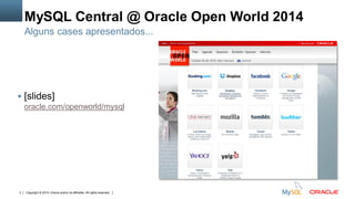Copyright © 2015, Oracle and/or its affiliates. All rights reserved.3
MySQL Central @ Oracle Open World 2014
Alguns cases apresentados...
 [slides]
oracle.com/openworld/mysql
 