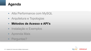 Copyright © 2015, Oracle and/or its affiliates. All rights reserved.67
Agenda
 Alta Performance com MySQL
 Arquitetura e Topologias
 Métodos de Acesso e API’s
 Instalação e Exemplos
 Aprenda Mais
 Perguntas?
 
