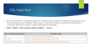 SQL Injection 
 O comando SQL é montado a partir de componentes numéricos. Exemplo: pesquisa por uma 
chave primária de um registro. Neste caso, o atacante também pode tentar manipular o 
conteúdo de forma a injetar código adicional na string SQL. 
 $sql = "select * from usuarios where codigo = " . $cod ; 
 
