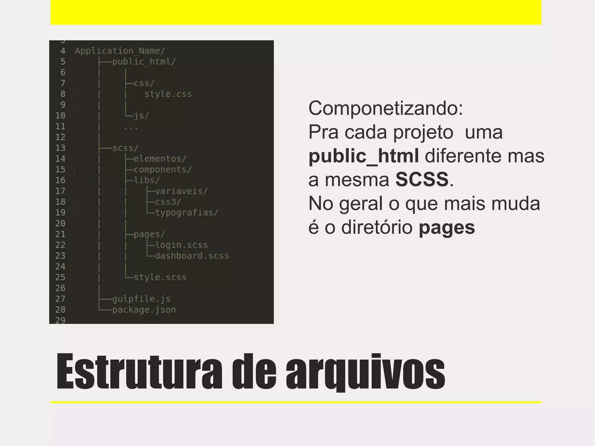 Estrutura de arquivos
Componetizando:
Pra cada projeto uma
public_html diferente mas
a mesma SCSS.
No geral o que mais muda
é o diretório pages
 