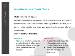 EXEMPLO DE UMA COMPETÊNCIA
COMPETÊNCIAS




               Título: Trabalho em equipa
               Definição: Disponibilidade para participar em pleno, como parte integrante
               de uma equipa, sem necessariamente liderá-la; contributo efectivo, ainda
               que a equipa trabalhe em áreas que, pessoalmente, possam não ser
               interessantes.
               Indicadores comportamentais:

               POSITIVOS                                                      NEGATIVOS
               • Reconhece oportunidades para                                 • Coloca entraves à circulação de
                 um intercâmbio de informações                                  informação, mostrando-se
               • Estimula a colaboração entre os                                indisponível para partilhá-la
                 vários departamentos da                                      • Adopta uma abordagem ao
                 empresa                                                        trabalho marcada pelo
                                                                                isolamento
                                  Pro Unicenter 2011 . Todos os direitos reservados.                              8
 