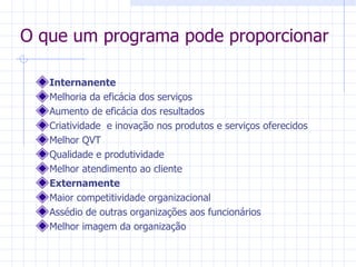 O que um programa pode proporcionar Internanente Melhoria da eficácia dos serviços Aumento de eficácia dos resultados Criatividade  e inovação nos produtos e serviços oferecidos Melhor QVT Qualidade e produtividade Melhor atendimento ao cliente Externamente Maior competitividade organizacional Assédio de outras organizações aos funcionários Melhor imagem da organização 