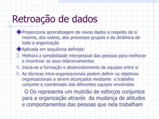 Retroação de dados Proporciona aprendizagem de novos dados a respeito de si mesmo, dos outros, dos processos grupais e da dinâmica de toda a organização Aplicada em sequência definida: Melhora a sensibilidade interpessoal das pessoas para melhorar e incentivar os seus relacionamentos Inicia-se a formação e desenvolvimento de equipes entre si As técnicas intra-organizacionais podem definir os objetivos  organizacionais a serem alcançados mediante  o trabalho conjunto e coordenado das diferentes equipes envolvidas O Do representa um mutirão de esforços conjuntos para a organização através  da mudança de atitudes e comportamentos das pessoas que nela trabalham 