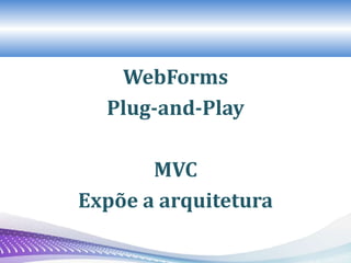 WebForms
Plug-and-Play
MVC
Expõe a arquitetura
 