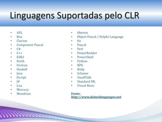 Linguagens Suportadas pelo CLR
• APL
• Boo
• Clarion
• Component Pascal
• C#
• C++
• Eiffel
• Forth
• Fortran
• Haskell
• Java
• JScript
• J#
• Lua
• Mercury
• Mondrian
• Oberon
• Object Pascal / Delphi Language
• Oz
• Pascal
• Perl
• PowerBuilder
• PowerShell
• Python
• RPG
• Ruby
• Scheme
• SmallTalk
• Standard ML
• Visual Basic
Fonte:
http://www.dotnetlanguages.net
 
