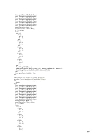 203
Form1.SpeedButton33.Enabled := False;
Form1.SpeedButton34.Enabled := False;
Form1.SpeedButton35.Enabled := False;
Form1.SpeedButton36.Enabled := False;
Form1.SpeedButton37.Enabled := False;
Form1.SpeedButton38.Enabled := False;
Form1.SpeedButton39.Enabled := False;
Form1.SpeedButton40.Enabled := False;
Image1.Canvas.Pen.Width := 2;
Image1.Canvas.Pen.Color := clGray;
for j := 1 to 5 do
begin
case j of
1: begin
X := 20;
Y := 20;
end;
2: begin
X := 40;
Y := 0;
end;
3: begin
X := 40;
Y := 40;
end;
4: begin
X := 0;
Y := 40;
end;
5: begin
X := 0;
Y := 0;
end;
end;
Form1.Image1Click(Sender);
Form1.Image1.Canvas.MoveTo(Round(250+X_Anterior2),Round(250-Y_Anterior2));
Form1.Image1.Canvas.LineTo(Round(250+X),Round(250-Y));
end;
Form1.SpeedElastica.Enabled := True;
end;
//Procedimento para desenhar um caminho já conhecido.
procedure TForm1.SpeedButton40Click(Sender: TObject);
var
j: integer;
begin
Form1.SpeedButton30.Enabled := False;
Form1.SpeedButton31.Enabled := False;
Form1.SpeedButton33.Enabled := False;
Form1.SpeedButton34.Enabled := False;
Form1.SpeedButton35.Enabled := False;
Form1.SpeedButton36.Enabled := False;
Form1.SpeedButton37.Enabled := False;
Form1.SpeedButton38.Enabled := False;
Form1.SpeedButton39.Enabled := False;
Form1.SpeedButton40.Enabled := False;
Image1.Canvas.Pen.Width := 2;
Image1.Canvas.Pen.Color := clGray;
for j := 1 to 4 do
begin
case j of
1: begin
X := 40;
Y := 15;
end;
2: begin
X := 25;
Y := 30;
end;
3: begin
X := 15;
Y := -15;
end;
4: begin
X := 0;
Y := 0;
 