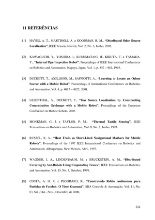 224
11 REFERÊNCIAS
[1] HAYES, A. T., MARTINOLI, A. e GOODMAN, R. M., “Distributed Odor Source
Localization”, IEEE Sensors Journal, Vol. 2, No. 3, Junho, 2002.
[2] KAWAGUCHI, Y., YOSHIDA, I., KURUMATANI, H., KIKUTA, T. e YAMADA,
Y., “Internal Pipe Inspection Robot”, Proceedings of IEEE International Conferences
on Robotics and Automation, Nagoya, Japan, Vol. 1, p. 857 – 862, 1995.
[3] DUCKETT, T., AXELSSON, M., SAFFIOTTI, A., “Learning to Locate an Odour
Source with a Mobile Robot”, Proceedings of International Conferences on Robotics
and Automation, Vol. 4, p. 4017 – 4022, 2001.
[4] LILIENTHAL, A., DUCKETT, T., “Gas Source Localisation by Constructing
Concentration Gridmaps with a Mobile Robot”, Proceedings of the European
Conference on Mobile Robots, 2003.
[5] MONKMAN, G. J. e TAYLOR, P. M., “Thermal Tactile Sensing”, IEEE
Transactions on Robotics and Automation, Vol. 9, No. 3, Junho, 1993.
[6] RUSSEL, R. A., “Heat Trails as Short-Lived Navigational Markers for Mobile
Robots”, Proceedings of the 1997 IEEE International Conference on Robotics and
Automation, Albuquerque, New Mexico, Abril, 1997.
[7] WAGNER, I. A., LINDENBAUM, M. e BRUCKSTEIN, A. M., “Distributed
Covering by Ant-Robots Using Evaporating Traces”, IEEE Transactions on Robotics
and Automation, Vol. 15, No. 5, Outubro, 1999.
[8] COSTA, A. H. R. e PEGORARO, R., “Construindo Robôs Autônomos para
Partidas de Futebol: O Time Guaraná”, SBA Controle  Automação, Vol. 11, No.
03, Set., Out., Nov., Dezembro de 2000.
 