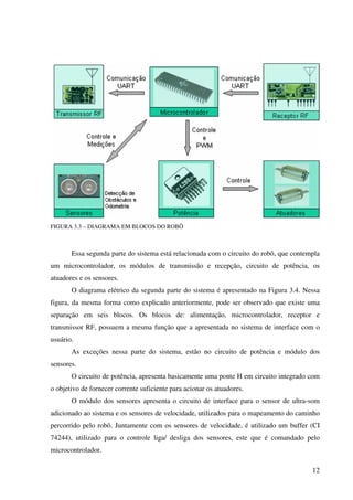 12
FIGURA 3.3 – DIAGRAMA EM BLOCOS DO ROBÔ
Essa segunda parte do sistema está relacionada com o circuito do robô, que contempla
um microcontrolador, os módulos de transmissão e recepção, circuito de potência, os
atuadores e os sensores.
O diagrama elétrico da segunda parte do sistema é apresentado na Figura 3.4. Nessa
figura, da mesma forma como explicado anteriormente, pode ser observado que existe uma
separação em seis blocos. Os blocos de: alimentação, microcontrolador, receptor e
transmissor RF, possuem a mesma função que a apresentada no sistema de interface com o
usuário.
As exceções nessa parte do sistema, estão no circuito de potência e módulo dos
sensores.
O circuito de potência, apresenta basicamente uma ponte H em circuito integrado com
o objetivo de fornecer corrente suficiente para acionar os atuadores.
O módulo dos sensores apresenta o circuito de interface para o sensor de ultra-som
adicionado ao sistema e os sensores de velocidade, utilizados para o mapeamento do caminho
percorrido pelo robô. Juntamente com os sensores de velocidade, é utilizado um buffer (CI
74244), utilizado para o controle liga/ desliga dos sensores, este que é comandado pelo
microcontrolador.
 