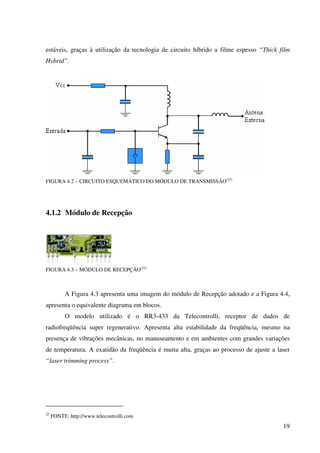 19
estáveis, graças à utilização da tecnologia de circuito híbrido a filme espesso “Thick film
Hybrid”.
FIGURA 4.2 – CIRCUITO ESQUEMÁTICO DO MÓDULO DE TRANSMISSÃO(22)
4.1.2 Módulo de Recepção
FIGURA 4.3 – MÓDULO DE RECEPÇÃO(22)
A Figura 4.3 apresenta uma imagem do módulo de Recepção adotado e a Figura 4.4,
apresenta o equivalente diagrama em blocos.
O modelo utilizado é o RR3-433 da Telecontrolli, receptor de dados de
radiofreqüência super regenerativo. Apresenta alta estabilidade da freqüência, mesmo na
presença de vibrações mecânicas, no manuseamento e em ambientes com grandes variações
de temperatura. A exatidão da freqüência é muita alta, graças ao processo de ajuste a laser
“laser trimming process”.
22
FONTE: http://www.telecontrolli.com
 