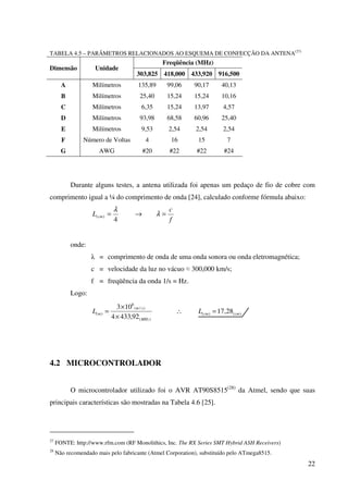 22
TABELA 4.5 – PARÂMETROS RELACIONADOS AO ESQUEMA DE CONFECÇÃO DA ANTENA(27)
Freqüência (MHz)
Dimensão Unidade
303,825 418,000 433,920 916,500
A Milímetros 135,89 99,06 90,17 40,13
B Milímetros 25,40 15,24 15,24 10,16
C Milímetros 6,35 15,24 13,97 4,57
D Milímetros 93,98 68,58 60,96 25,40
E Milímetros 9,53 2,54 2,54 2,54
F Número de Voltas 4 16 15 7
G AWG #20 #22 #22 #24
Durante alguns testes, a antena utilizada foi apenas um pedaço de fio de cobre com
comprimento igual a ¼ do comprimento de onda [24], calculado conforme fórmula abaixo:
4
)(
λ
=cmL →
f
c
=λ
onde:
λ = comprimento de onda de uma onda sonora ou onda eletromagnética;
c = velocidade da luz no vácuo ≈ 300,000 km/s;
f = freqüência da onda 1/s = Hz.
Logo:
)(
)/(
8
)(
92,4334
103
MHz
sm
mL
×
×
= ∴ )()( 28,17 cmcmL =
4.2 MICROCONTROLADOR
O microcontrolador utilizado foi o AVR AT90S8515(28)
da Atmel, sendo que suas
principais características são mostradas na Tabela 4.6 [25].
27
FONTE: http://www.rfm.com (RF Monolithics, Inc. The RX Series SMT Hybrid ASH Receivers)
28
Não recomendado mais pelo fabricante (Atmel Corporation), substituído pelo ATmega8515.
 