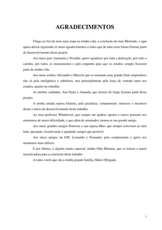 i
AGRADECIMENTOS
Chego ao fim de mais uma etapa na minha vida, a conclusão do meu Mestrado, e aqui
quero deixar registrado os meus agradecimentos a todos que de uma certa forma fizeram parte
do desenvolvimento desse projeto.
Aos meus pais Anamaria e Nivaldir, quero agradecer por toda a dedicação, por todo o
carinho, por todos os ensinamentos e pelo empenho para que os estudos sempre fizessem
parte da minha vida.
Aos meus irmãos Alexandre e Marcelo que se tornaram uma grande fonte inspiradora,
não só pela inteligência e sabedoria, mas principalmente pela força de vontade tanto nos
estudos, quanto no trabalho.
As minhas cunhadas, Ana Paula e Amanda, que mesmo de longe fizeram parte desse
projeto.
A minha amada esposa Daniela, pela paciência, compreensão, interesse e incentivo
desde o início do desenvolvimento deste trabalho.
Ao meu professor Wânderson, que sempre me ajudou, apoiou e esteve presente nos
momentos de maior dificuldade, e que além de orientador, tornou-se um grande amigo.
Aos meus grandes amigos Peterson e sua esposa Mari, que sempre estiveram ao meu
lado, apoiando, incentivando e ajudando sempre que possível.
Aos meus amigos da GM, Leonardo e Fernando, pela compreensão e apoio nos
momentos mais difíceis.
E por último, a alguém muito especial, minha filha Mariana, que se tornou a maior
incentivadora para a conclusão deste trabalho.
A todos vocês que são a minha grande família, Muito Obrigado.
 