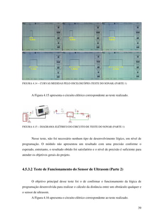 39
FIGURA 4.14 – CURVAS MEDIDAS PELO OSCILOSCÓPIO (TESTE DO SONAR) (PARTE 1)
A Figura 4.15 apresenta o circuito elétrico correspondente ao teste realizado.
FIGURA 4.15 – DIAGRAMA ELÉTRICO DO CIRCUITO DE TESTE DO SONAR (PARTE 1)
Nesse teste, não foi necessário nenhum tipo de desenvolvimento lógico, em nível de
programação. O módulo não apresentou um resultado com uma precisão conforme o
esperado, entretanto, o resultado obtido foi satisfatório e o nível de precisão é suficiente para
atender os objetivos gerais do projeto.
4.5.3.2 Teste de Funcionamento do Sensor de Ultrasom (Parte 2)
O objetivo principal desse teste foi o de confirmar o funcionamento da lógica de
programação desenvolvida para realizar o cálculo da distância entre um obstáculo qualquer e
o sensor de ultrasom.
A Figura 4.16 apresenta o circuito elétrico correspondente ao teste realizado.
0,3ms 0,5ms 0,8ms
1,1ms 1,45ms 2,1ms
 