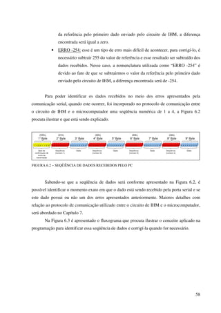 58
da referência pelo primeiro dado enviado pelo circuito de IHM, a diferença
encontrada será igual a zero.
• ERRO -254: esse é um tipo de erro mais difícil de acontecer, para corrigí-lo, é
necessário subtrair 255 do valor de referência e esse resultado ser subtraído dos
dados recebidos. Nesse caso, a nomenclatura utilizada como “ERRO -254” é
devido ao fato de que se subtrairmos o valor da referência pelo primeiro dado
enviado pelo circuito de IHM, a diferença encontrada será de -254.
Para poder identificar os dados recebidos no meio dos erros apresentados pela
comunicação serial, quando este ocorrer, foi incorporado no protocolo de comunicação entre
o circuito de IHM e o microcomputador uma seqüência numérica de 1 a 4, a Figura 6.2
procura ilustrar o que está sendo explicado.
1 1 0 0 1 1 0 0 0 0 0 0 0 0 0 1 X X X X X X X X 0 0 0 0 0 0 1 0 X X X X X X X X 0 0 0 0 0 0 1 1 X X X X X X X X 0 0 0 0 0 1 0 0
Byte de
confirmação de
início da
transmissão
1º Byte
(CCh)
Seqüência
(número 1)
2º Byte
(01h)
3º Byte
Seqüência
(número 2)
4º Byte
(02h)
Dado
5º Byte
Seqüência
(número 3)
6º Byte
(03h)
Dado
7º Byte
Seqüência
(número 4)
8º Byte
(04h)
Dado
X X X X X X X X
Dado
9º Byte
FIGURA 6.2 – SEQÜÊNCIA DE DADOS RECEBIDOS PELO PC
Sabendo-se que a seqüência de dados será conforme apresentado na Figura 6.2, é
possível identificar o momento exato em que o dado está sendo recebido pela porta serial e se
este dado possui ou não um dos erros apresentados anteriormente. Maiores detalhes com
relação ao protocolo de comunicação utilizado entre o circuito de IHM e o microcomputador,
será abordado no Capítulo 7.
Na Figura 6.3 é apresentado o fluxograma que procura ilustrar o conceito aplicado na
programação para identificar essa seqüência de dados e corrigí-la quando for necessário.
 