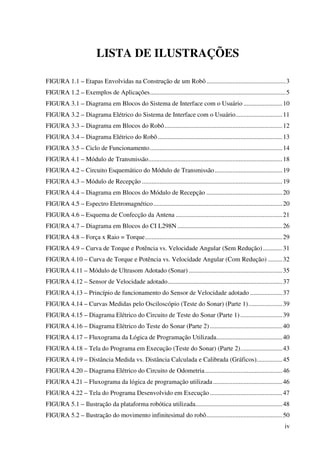 iv
LISTA DE ILUSTRAÇÕES
FIGURA 1.1 – Etapas Envolvidas na Construção de um Robô.................................................3
FIGURA 1.2 – Exemplos de Aplicações....................................................................................5
FIGURA 3.1 – Diagrama em Blocos do Sistema de Interface com o Usuário ........................10
FIGURA 3.2 – Diagrama Elétrico do Sistema de Interface com o Usuário.............................11
FIGURA 3.3 – Diagrama em Blocos do Robô.........................................................................12
FIGURA 3.4 – Diagrama Elétrico do Robô .............................................................................13
FIGURA 3.5 – Ciclo de Funcionamento..................................................................................14
FIGURA 4.1 – Módulo de Transmissão...................................................................................18
FIGURA 4.2 – Circuito Esquemático do Módulo de Transmissão..........................................19
FIGURA 4.3 – Módulo de Recepção .......................................................................................19
FIGURA 4.4 – Diagrama em Blocos do Módulo de Recepção ...............................................20
FIGURA 4.5 – Espectro Eletromagnético................................................................................20
FIGURA 4.6 – Esquema de Confecção da Antena ..................................................................21
FIGURA 4.7 – Diagrama em Blocos do CI L298N .................................................................26
FIGURA 4.8 – Força x Raio = Torque.....................................................................................29
FIGURA 4.9 – Curva de Torque e Potência vs. Velocidade Angular (Sem Redução)............31
FIGURA 4.10 – Curva de Torque e Potência vs. Velocidade Angular (Com Redução) .........32
FIGURA 4.11 – Módulo de Ultrasom Adotado (Sonar) ..........................................................35
FIGURA 4.12 – Sensor de Velocidade adotado.......................................................................37
FIGURA 4.13 – Princípio de funcionamento do Sensor de Velocidade adotado ....................37
FIGURA 4.14 – Curvas Medidas pelo Osciloscópio (Teste do Sonar) (Parte 1).....................39
FIGURA 4.15 – Diagrama Elétrico do Circuito de Teste do Sonar (Parte 1)..........................39
FIGURA 4.16 – Diagrama Elétrico do Teste do Sonar (Parte 2).............................................40
FIGURA 4.17 – Fluxograma da Lógica de Programação Utilizada.........................................40
FIGURA 4.18 – Tela do Programa em Execução (Teste do Sonar) (Parte 2)..........................43
FIGURA 4.19 – Distância Medida vs. Distância Calculada e Calibrada (Gráficos)................45
FIGURA 4.20 – Diagrama Elétrico do Circuito de Odometria................................................46
FIGURA 4.21 – Fluxograma da lógica de programação utilizada...........................................46
FIGURA 4.22 – Tela do Programa Desenvolvido em Execução.............................................47
FIGURA 5.1 – Ilustração da plataforma robótica utilizada......................................................48
FIGURA 5.2 – Ilustração do movimento infinitesimal do robô...............................................50
 