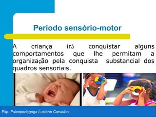 Período sensório-motor

     A     criança    irá    conquistar    alguns
     comportamentos      que   lhe  permitam    a
     organização pela conquista substancial dos
     quadros sensoriais.              .




Esp. Psicopedagoga Lusiane Carvalho
 