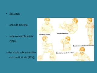 Seis anos: anda de bicicleta; sobe com proficiência (92%); - atira a bola sobre o ombro com proficiência (85%); 