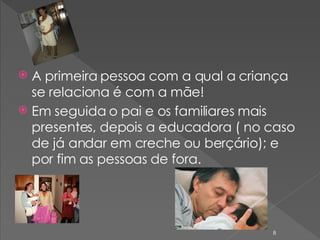 A primeira pessoa com a qual a criança se relaciona é com a mãe!  Em seguida o pai e os familiares mais presentes, depois a educadora ( no caso de já andar em creche ou berçário); e por fim as pessoas de fora.  