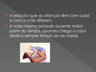 A relação que as crianças têm com o pai e com a mãe diferem. A mãe mesmo estando ausente maior parte do tempo, quando chega a casa dedica sempre tempo ao seu bebé. 