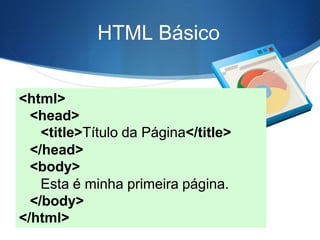 HTML Básico
<html>
<head>
<title>Título da Página</title>
</head>
<body>
Esta é minha primeira página.
</body>
</html>
 