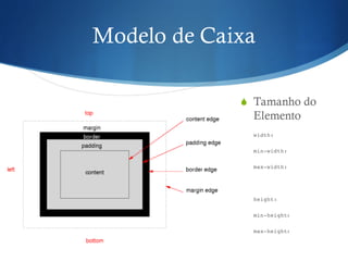 Modelo de Caixa
S Tamanho do
Elemento
width:
min-width:
max-width:
height:
min-height:
max-height:
 
