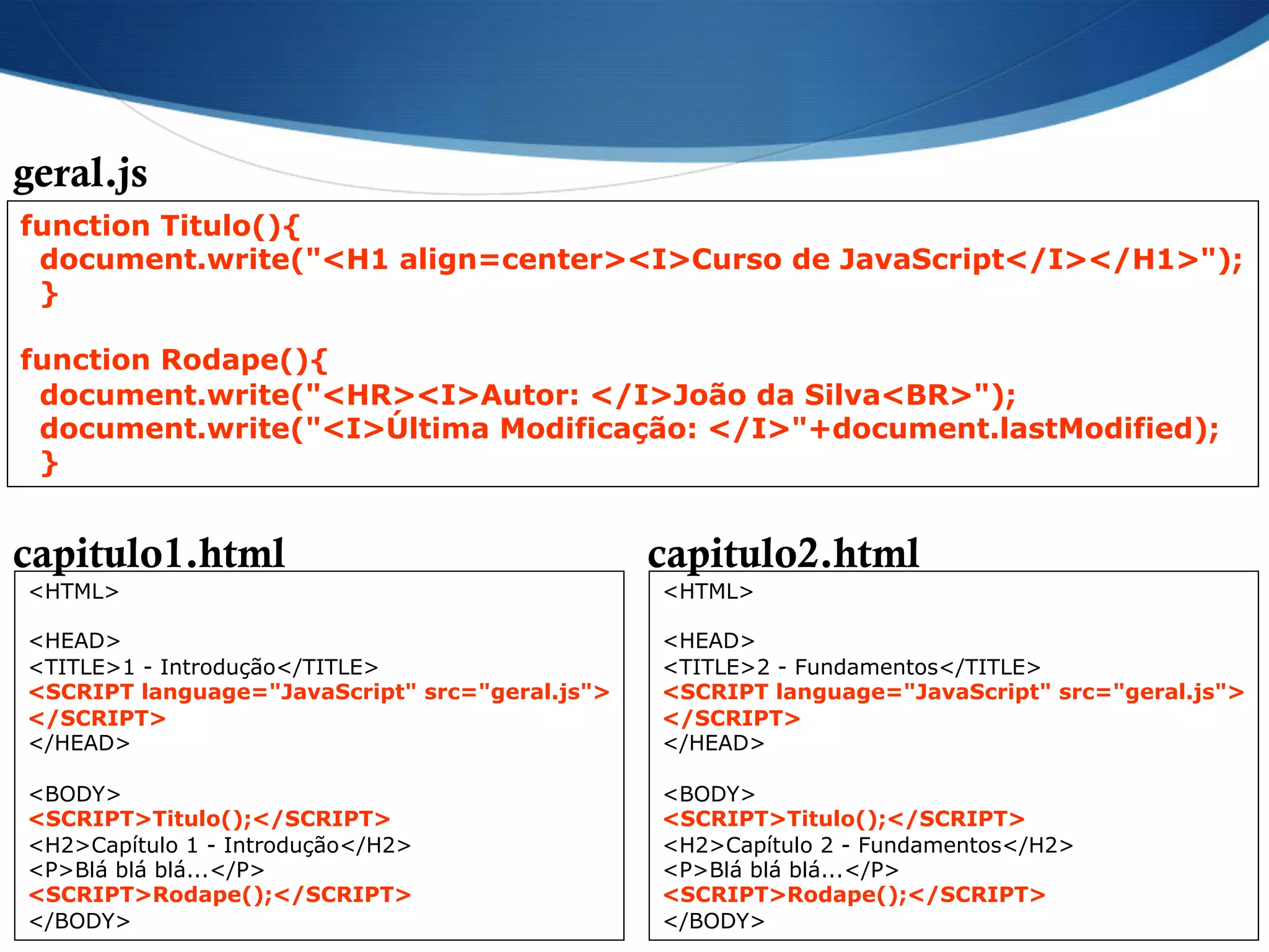 function Titulo(){
document.write("<H1 align=center><I>Curso de JavaScript</I></H1>");
}
function Rodape(){
document.write("<HR><I>Autor: </I>João da Silva<BR>");
document.write("<I>Última Modificação: </I>"+document.lastModified);
}
geral.js
<HTML>
<HEAD>
<TITLE>1 - Introdução</TITLE>
<SCRIPT language="JavaScript" src="geral.js">
</SCRIPT>
</HEAD>
<BODY>
<SCRIPT>Titulo();</SCRIPT>
<H2>Capítulo 1 - Introdução</H2>
<P>Blá blá blá...</P>
<SCRIPT>Rodape();</SCRIPT>
</BODY>
capitulo1.html
<HTML>
<HEAD>
<TITLE>2 - Fundamentos</TITLE>
<SCRIPT language="JavaScript" src="geral.js">
</SCRIPT>
</HEAD>
<BODY>
<SCRIPT>Titulo();</SCRIPT>
<H2>Capítulo 2 - Fundamentos</H2>
<P>Blá blá blá...</P>
<SCRIPT>Rodape();</SCRIPT>
</BODY>
capitulo2.html
 