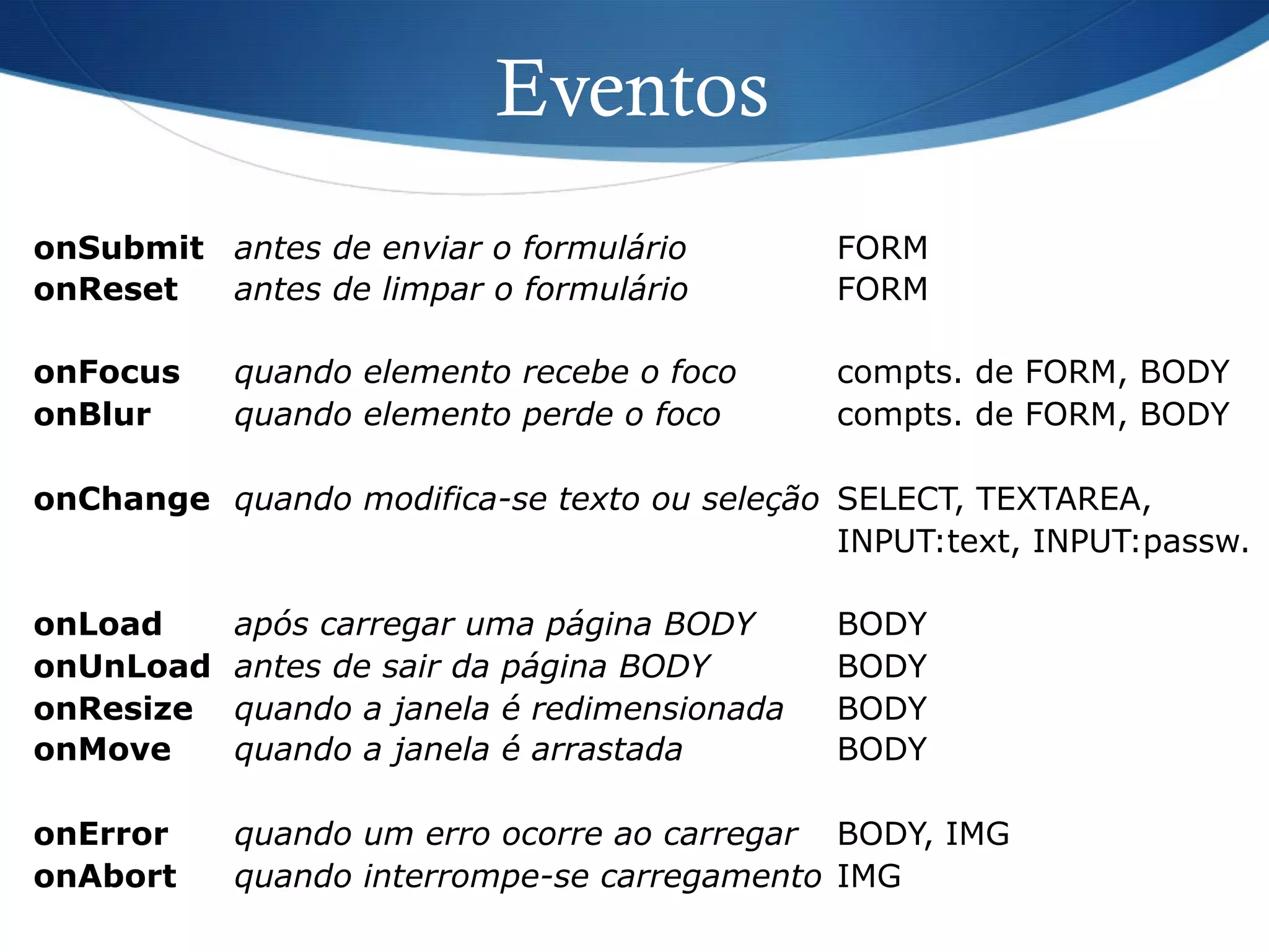 Eventos
antes de enviar o formulário
antes de limpar o formulário
quando elemento recebe o foco
quando elemento perde o foco
quando modifica-se texto ou seleção
após carregar uma página BODY
antes de sair da página BODY
quando a janela é redimensionada
quando a janela é arrastada
quando um erro ocorre ao carregar
quando interrompe-se carregamento
onSubmit
onReset
onFocus
onBlur
onChange
onLoad
onUnLoad
onResize
onMove
onError
onAbort
FORM
FORM
compts. de FORM, BODY
compts. de FORM, BODY
SELECT, TEXTAREA,
INPUT:text, INPUT:passw.
BODY
BODY
BODY
BODY
BODY, IMG
IMG
 