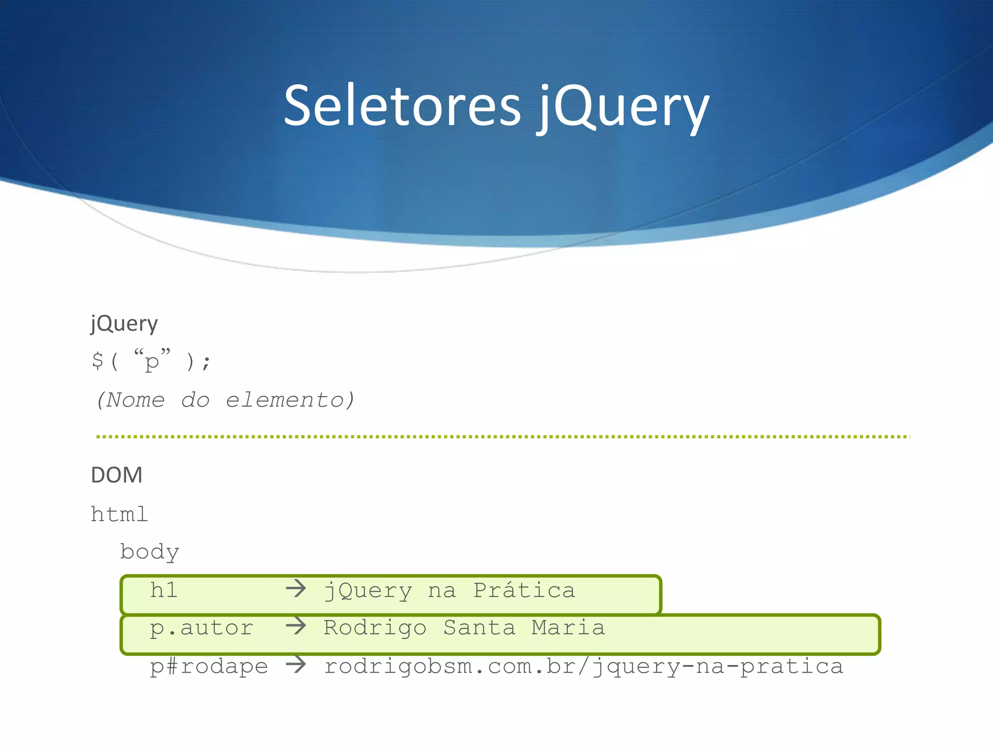 Seletores	
  jQuery	
  
jQuery	
  
$(“p”);
(Nome do elemento)
	
  
DOM	
  
html
body
h1 à jQuery na Prática
p.autor à Rodrigo Santa Maria
p#rodape à rodrigobsm.com.br/jquery-na-pratica
	
  
 