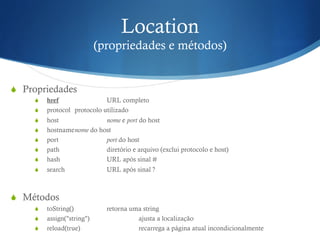 Location
(propriedades e métodos)
S  Propriedades
S  href URL completo
S  protocol protocolo utilizado
S  host nome e port do host
S  hostnamenome do host
S  port port do host
S  path diretório e arquivo (exclui protocolo e host)
S  hash URL após sinal #
S  search URL após sinal ?
S  Métodos
S  toString() retorna uma string
S  assign("string") ajusta a localização
S  reload(true) recarrega a página atual incondicionalmente
 