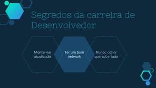 Ter um bom
network
Segredos da carreira de
Desenvolvedor
Manter-se
atualizado
Nunca achar
que sabe tudo
 