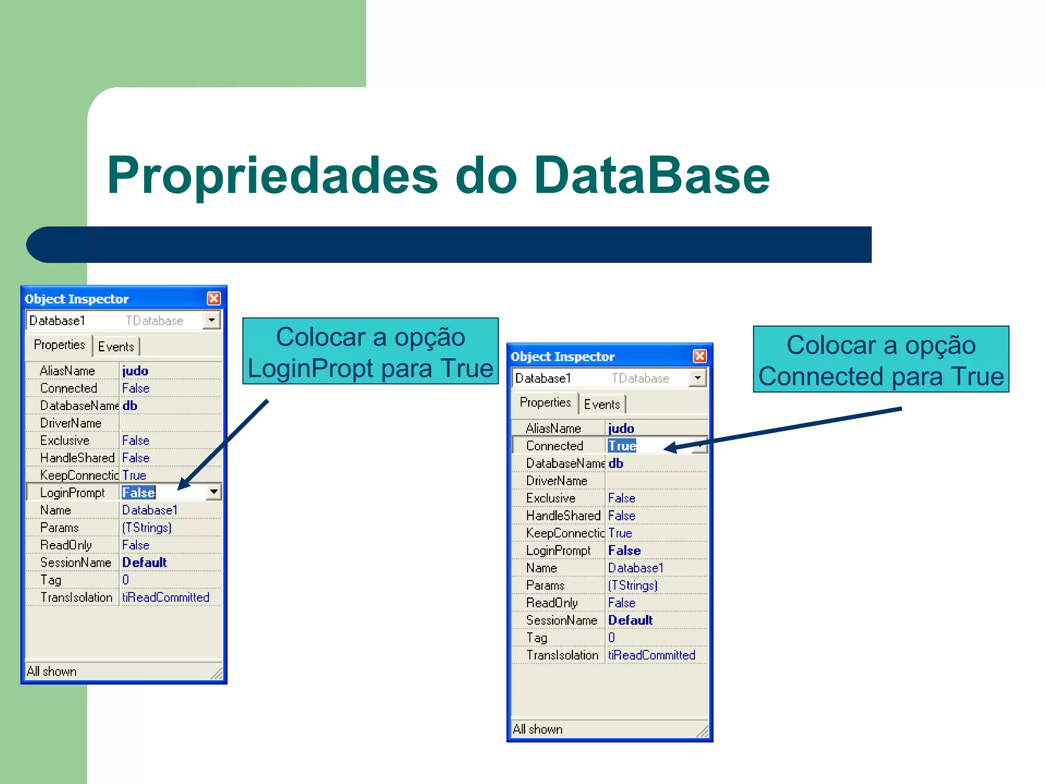 Propriedades do DataBase Colocar a opção LoginPropt para True Colocar a opção Connected para True 