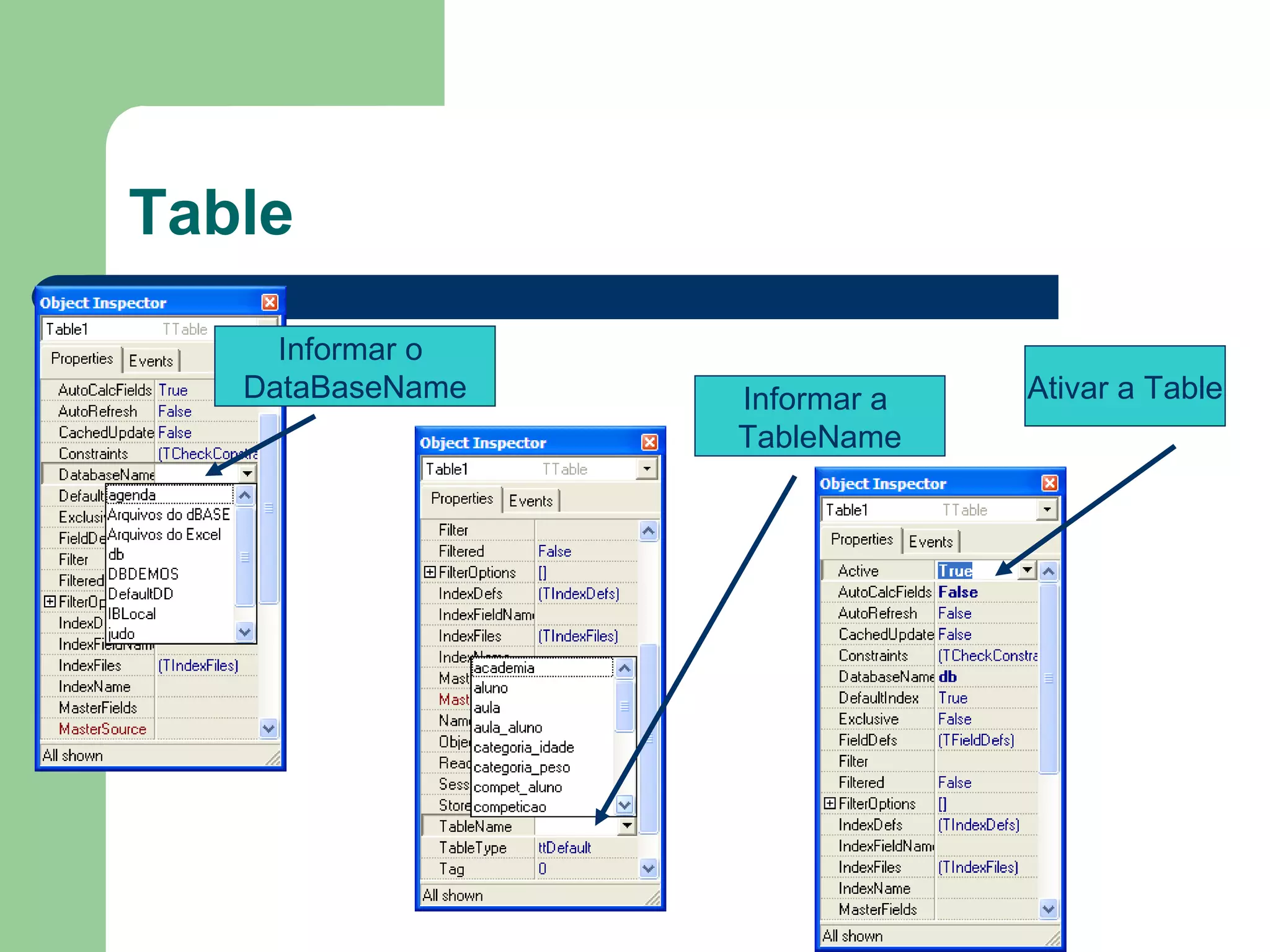 Table Informar o  DataBaseName Informar a  TableName Ativar a Table 