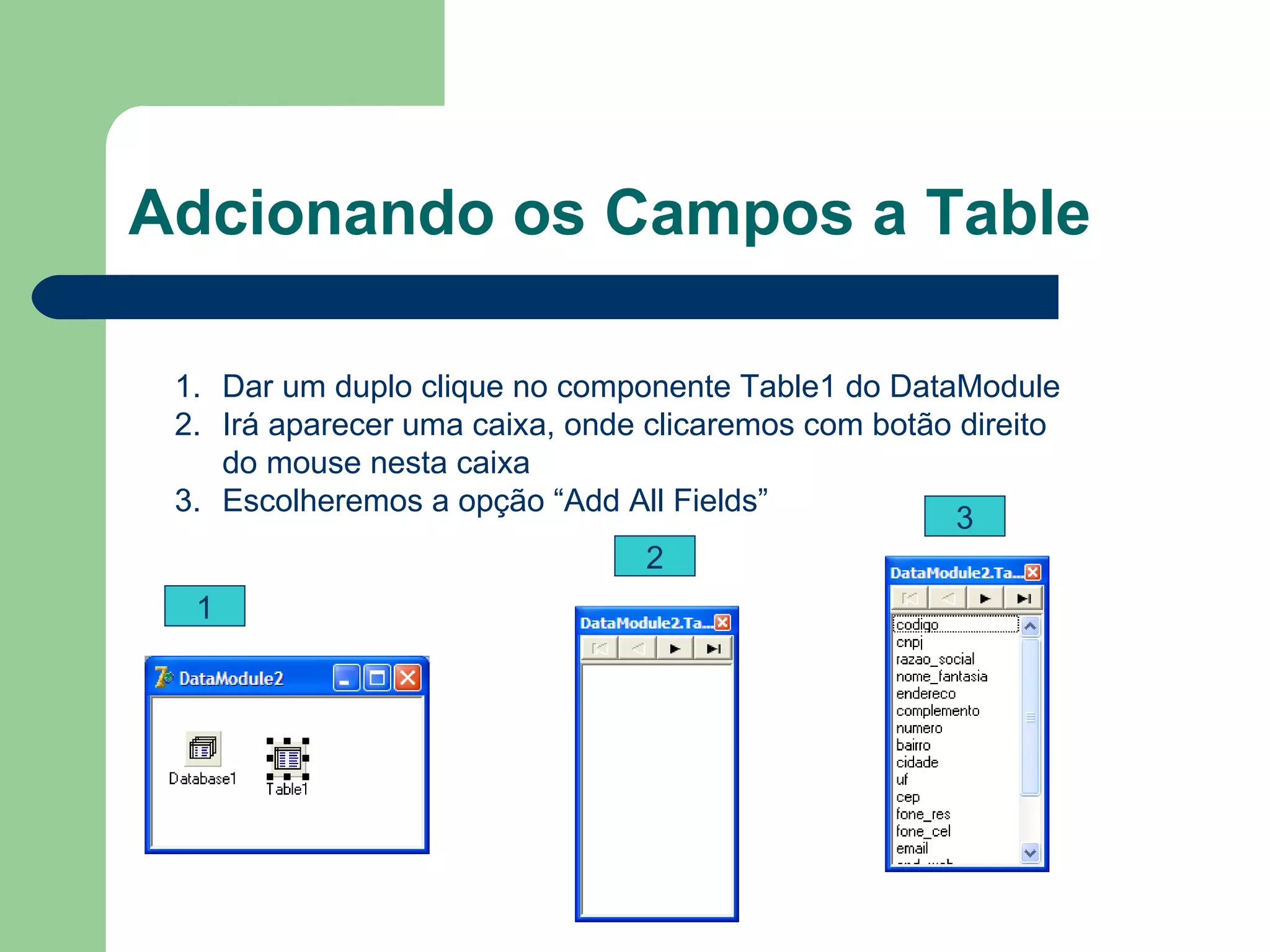 Adcionando os Campos a Table Dar um duplo clique no componente Table1 do DataModule Irá aparecer uma caixa, onde clicaremos com botão direito do mouse nesta caixa Escolheremos a opção “Add All Fields” 1 2 3 