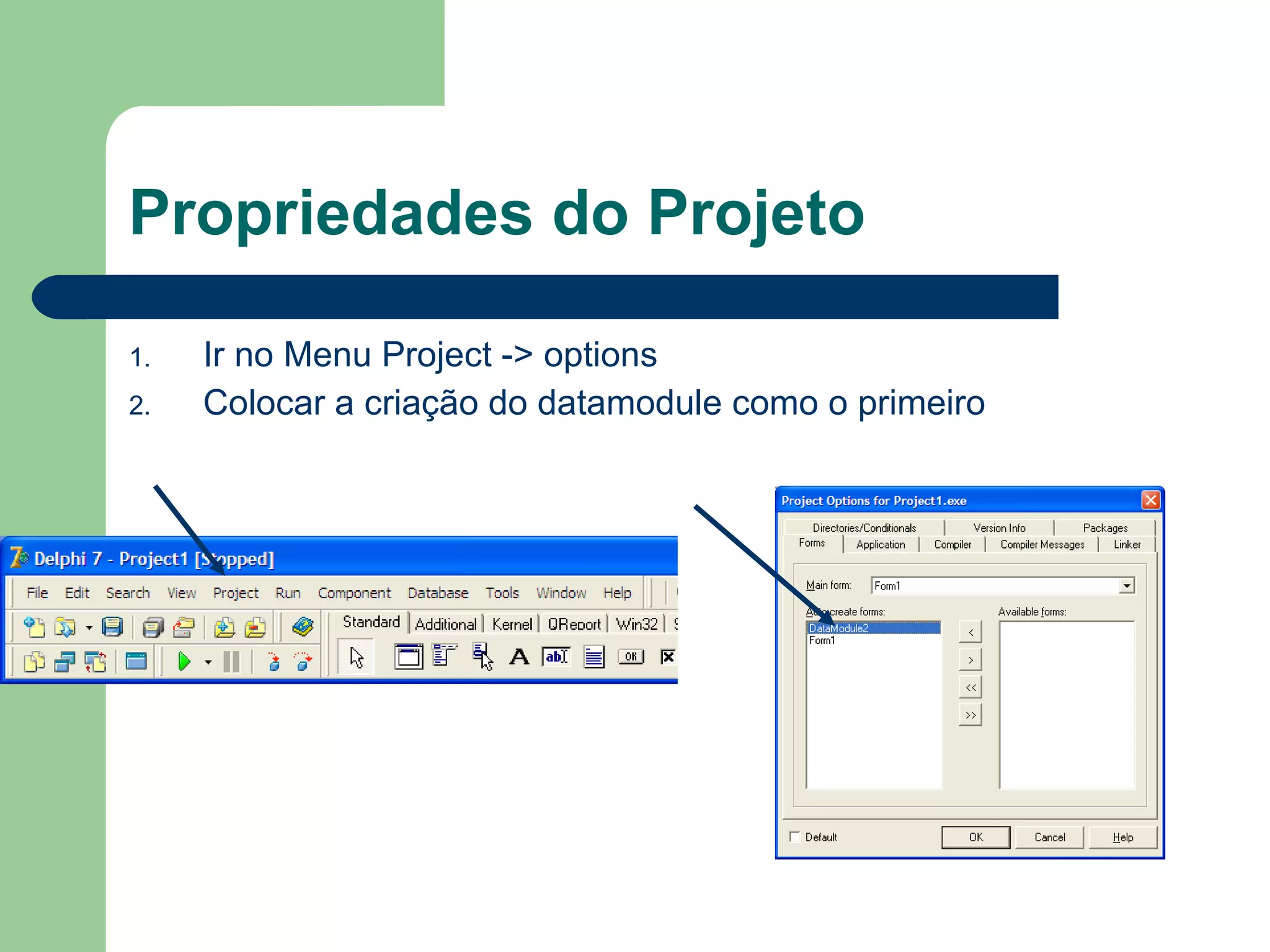 Propriedades do Projeto Ir no Menu Project -> options Colocar a criação do datamodule como o primeiro 