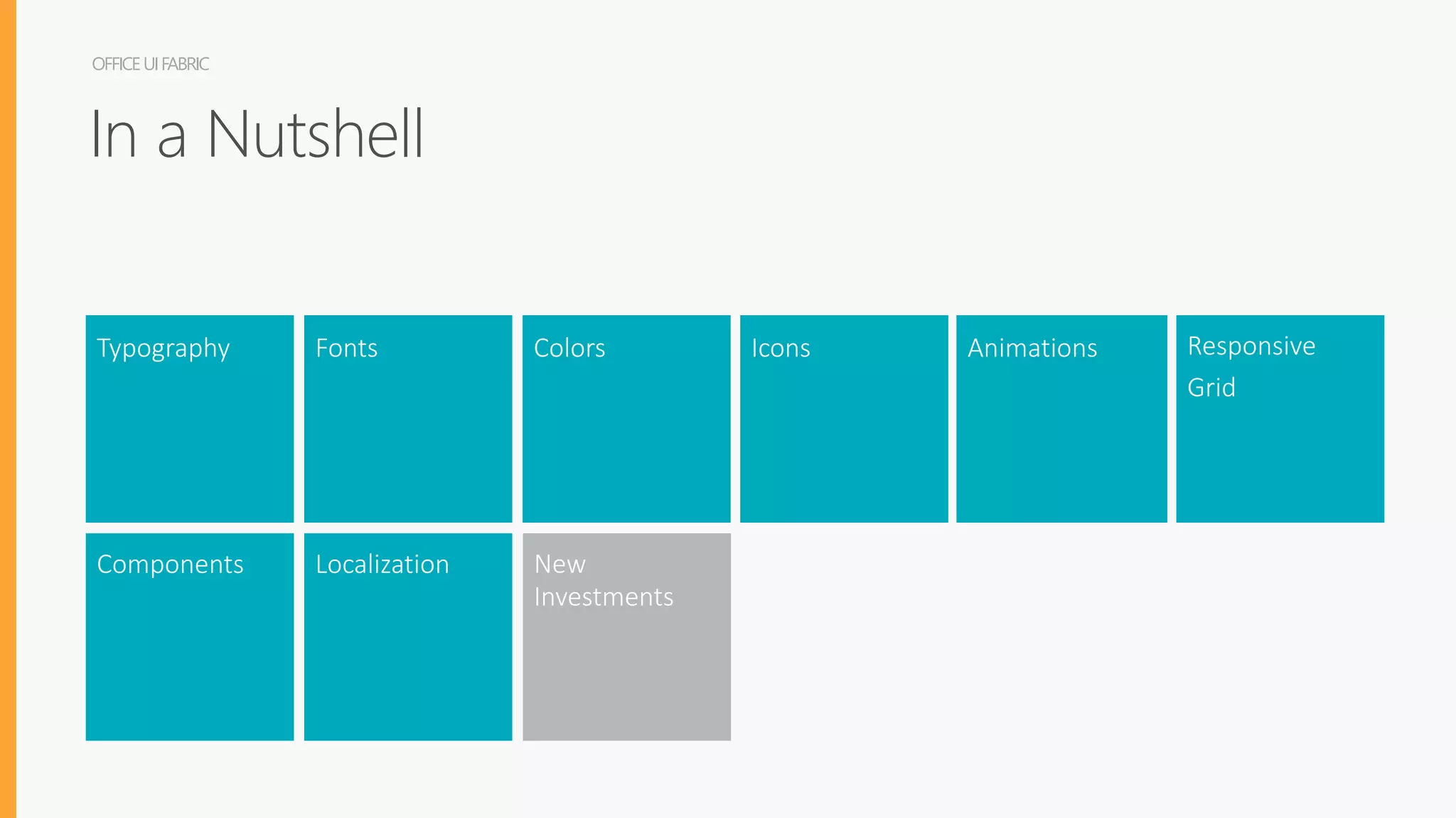 Typography Fonts Colors Icons Office 365
Theming
Animations Responsive
Grid
Components Localization New
Investments
OFFICEUIFABRIC
In a Nutshell
 