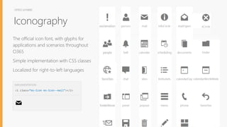 OFFICEUIFABRIC
Iconography
The official icon font, with glyphs for
applications and scenarios throughout
O365
Simple implementation with CSS classes
Localized for right-to-left languages
<i class=“ms-Icon ms-Icon--mail”></i>
IMPLEMENTATION
 