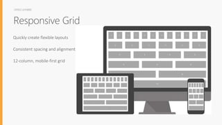 OFFICEUIFABRIC
Responsive Grid
Quickly create flexible layouts
Consistent spacing and alignment
12-column, mobile-first grid
 