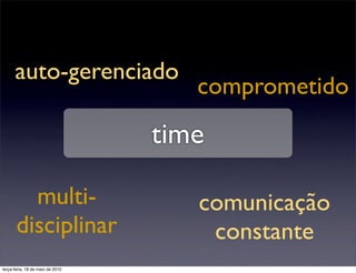 auto-gerenciado
                                     comprometido
                                  time

         multi-                      comunicação
       disciplinar                    constante
terça-feira, 18 de maio de 2010
 