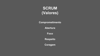 SCRUM
(Valores)
Comprometimento
Abertura
Foco
Respeito
Coragem
 