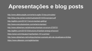 Apresentações e blog posts
http://www.allaboutagile.com/what-is-agile-10-key-principles/
http://blog.crisp.se/wp-content/uploads/2014/03/unproject.pdf
http://agilitrix.com/2014/11/scrum-kanban-getting/
http://www.everydaykanban.com/what-is-kanban/
http://www.slideshare.net/alimenkou/kanban-vs-scrum-2725721
http://agilitrix.com/2015/10/structure-of-kanban-energy-of-scrum/
https://prezi.com/mtpujeyj1mgr/kanban-101-a-primer/
http://www.slideshare.net/rodrigoy/kanban-avanado-alm-de-visualizaes-e-limites
https://www.atlassian.com/agile/kanban
 