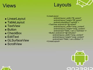 Views                    Layouts

                 <LinearLayout
                         android:layout_width="fill_parent"
 LinearLayout            android:layout_height="fill_parent"
 TableLayout             android:orientation="vertical" >
                   <TextView android:id="@+id/text"
 TextView                android:layout_width="wrap_content"
                         android:layout_height="wrap_content"
 Button                  android:text="Hello, I am a TextView" />
 CheckBox          <Button android:id="@+id/button"
                        android:layout_width="wrap_content"
 EditText               android:layout_height="wrap_content"
                        android:text="Hello, I am a Button" />
 GLSurfaceView   </LinearLayout>
 ScrollView
 