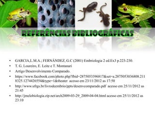•   GARCIA,L.M.A.; FERNÁNDEZ, G.C (2001) Embriologia 2 ed.Ex3 p.223-230.
•   T. G. Loureiro, E. Leite e T. Montanari
•   Artígo Desenvolvimento Comparado.
•   https://www.facebook.com/photo.php?fbid=2875053396817&set=a.2875053036808.211
    8325.1274426554&type=1&theater acesso em 23/11/2012 as 17:50
•   http://www.ufrgs.br/livrodeembrio/ppts/desenvcomparado.pdf acesso em 25/11/2012 as
    21:45
•   http://jmelobiologia.zip.net/arch2009-03-29_2009-04-04.html acesso em 25/11/2012 as
    23:10
 