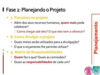 Fase 2: Planejando o Projeto 
 7. Parceiros no projeto 
 Além dos seus recursos humanos, quem mais pode 
colaborar? 
 Como chegar até eles? O que eles tem a oferecer? 
 8. Como divulgar o projeto 
 Quais meios serão utilizados para a divulgação? 
 O que o orçamento lhe permite utilizar? 
 9. Matriz de Responsabilidades 
 Quem faz o que? Quais as comissões? 
 Quais as responsabilidades de cada um? 
 